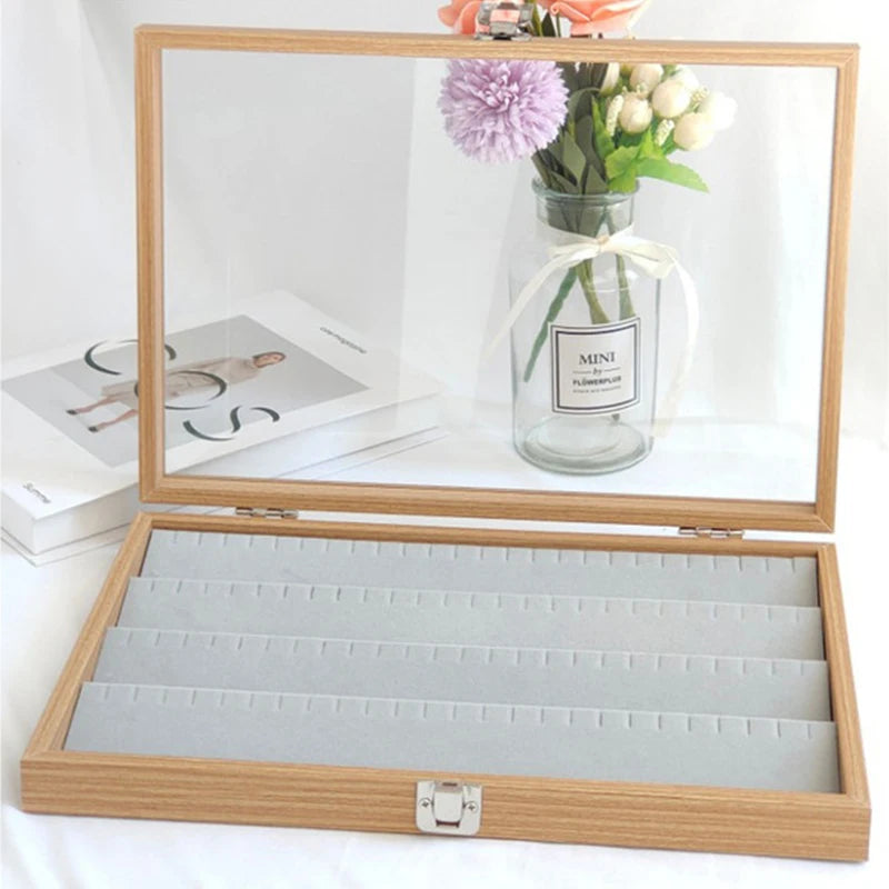 boîte bijoux bois naturel moderne boucles doreilles cadenas 35x24x5cm organisateur rangement transparent grille