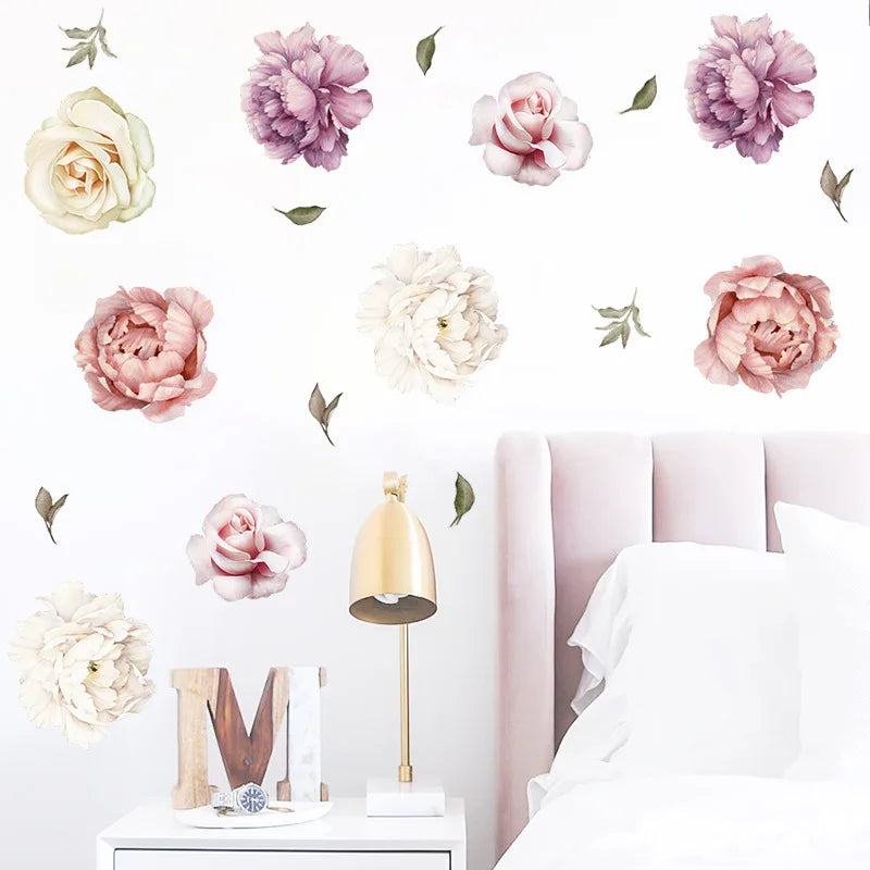 sticker mural fleur pivoine rose blanc romantique naturel adhésif chambre salon décoration moderne