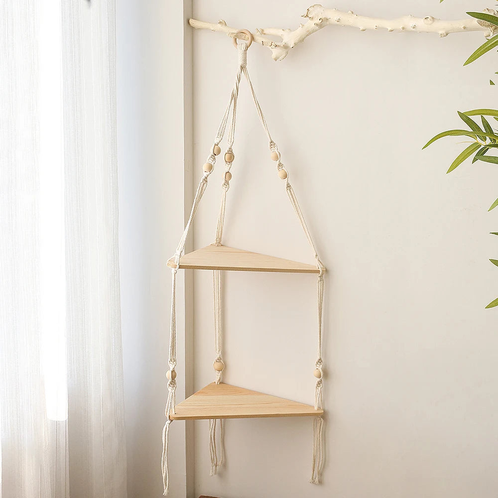 étagères suspendues boho blanc macramé bois rustique anneaux métalliques chambre salon étude decoration cadeau