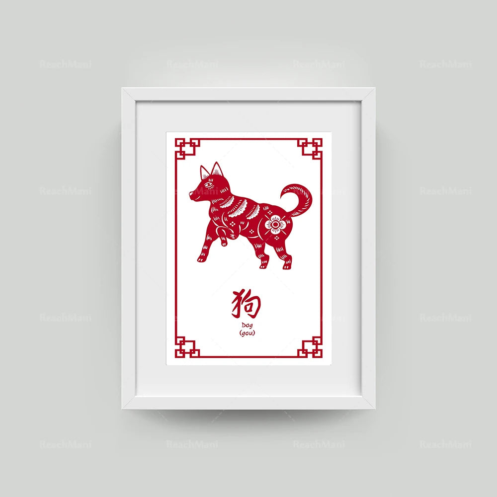 Cette illustration montre un chien stylisé dans un cadre ornemental rouge, représentant le signe astrologique du Chien selon le zodiaque chinois.