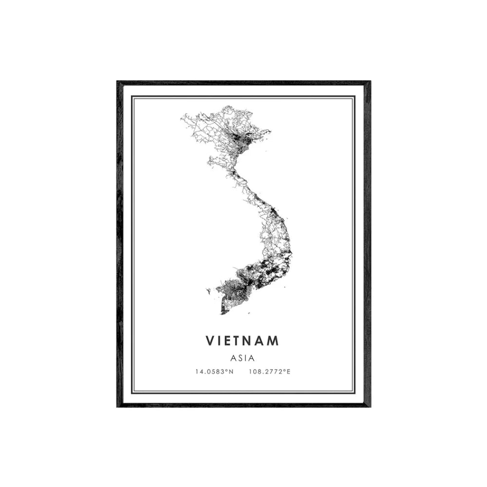 affiche carte vietnam poster minimaliste moderne geometrique fleurs roses pivoines noires blanches rouges turquoises