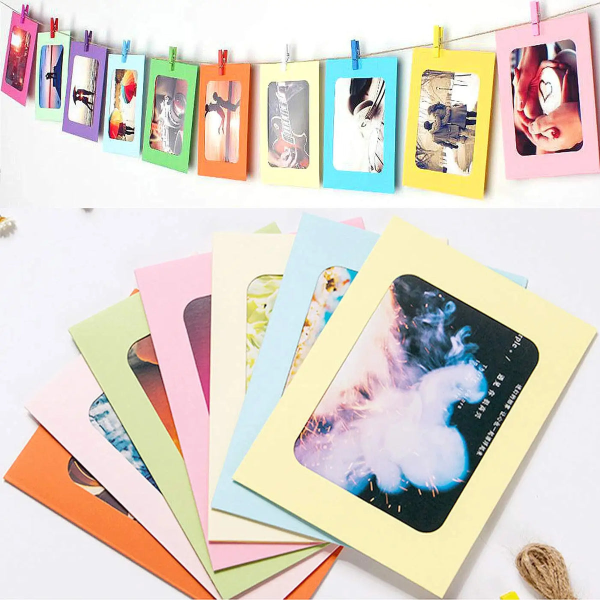 cadres photo colorés cartonnés 10 pièces décoratifs scrapbooking souvenirs pince linge cordelette lumineuse