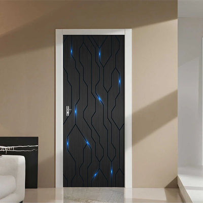 Autocollant de porte 3D PVC noir avec lignes brillantes sur une porte blanche