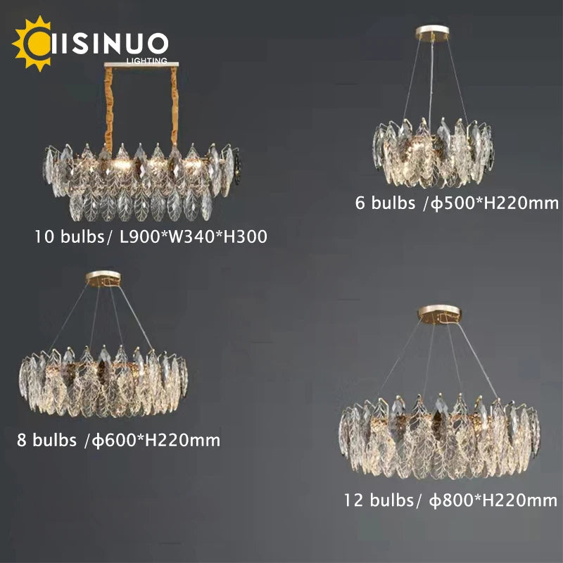 chandelier moderne luxueux transparent feuilles stylisées câbles métalliques doré argenté