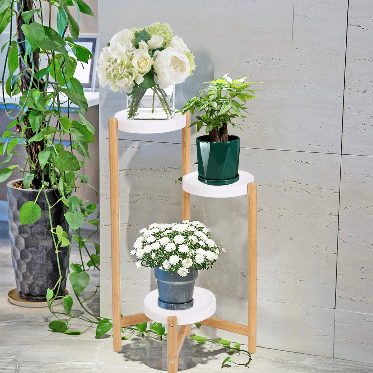 étagère plante niveaux bambou moderne plateaux ronds blancs structure bois naturel vis fixations minimalistes