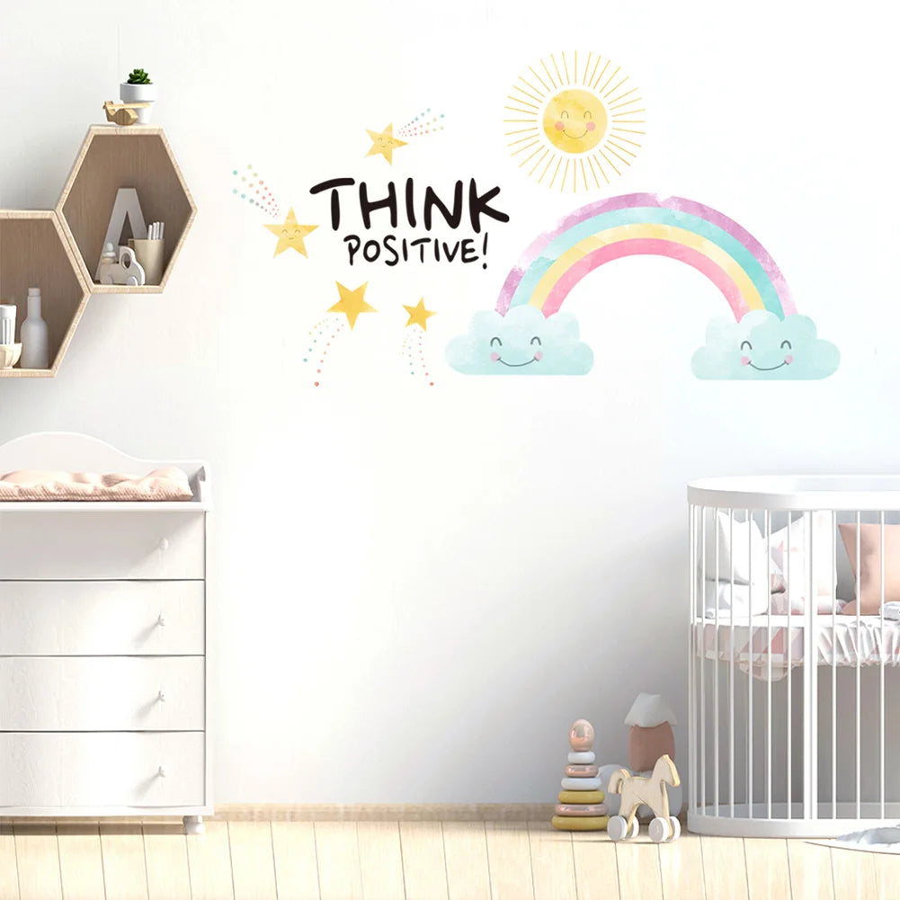 Stickers adhésifs murals dessin animé arc ciel soleil multicolore chambre enfants pastel cartoon