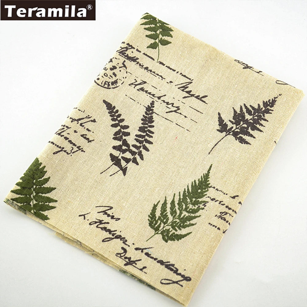 tissu vintage rustique fougères écriture manuscrite beige vert foncé noir décoration maison sac nappe