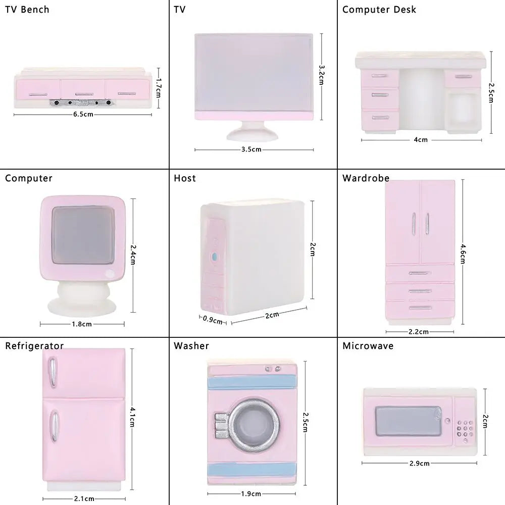 meubles miniatures poupées rose blanc modernes armoire frigo lave linge micro ondes téléviseur commode