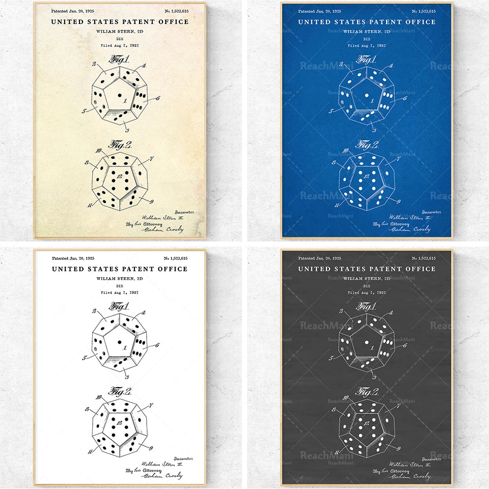L'image montre 4 images de brevets américains délivrés à William Stern pour un modèle de dé à jouer breveté. Les images détaillent les différents designs et schémas techniques du dé.