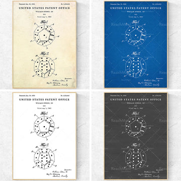 L'image montre 4 images de brevets américains délivrés à William Stern pour un modèle de dé à jouer breveté. Les images détaillent les différents designs et schémas techniques du dé.