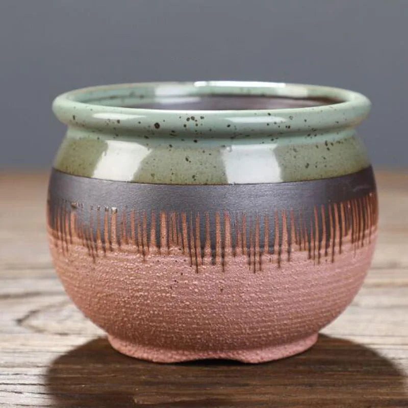 pots fleurs céramique glaçure abstraite bleu rose marron rustique plante verte artisanat