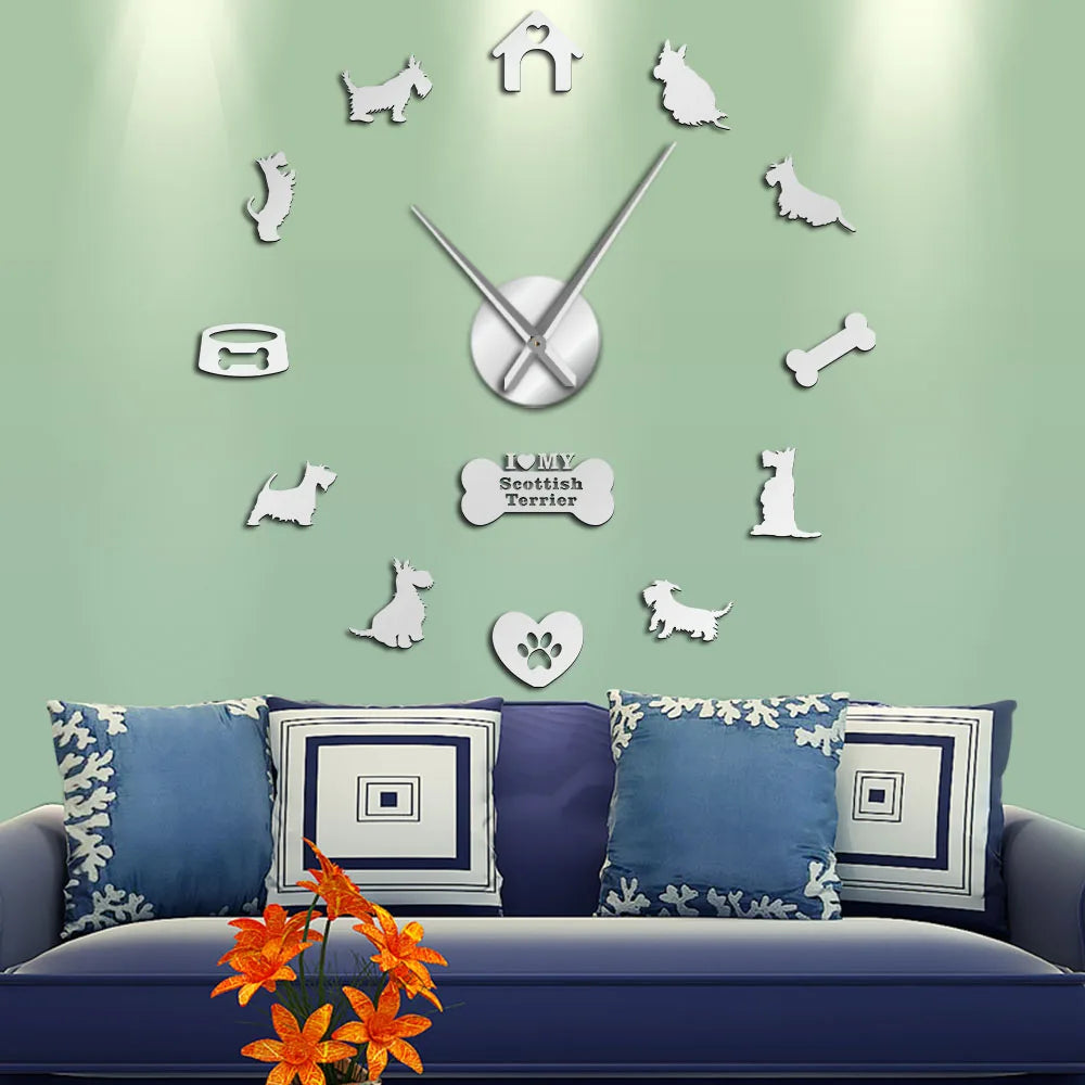 horloge murale moderne chien maison os cœur salon quartz aiguille noir doré stickers