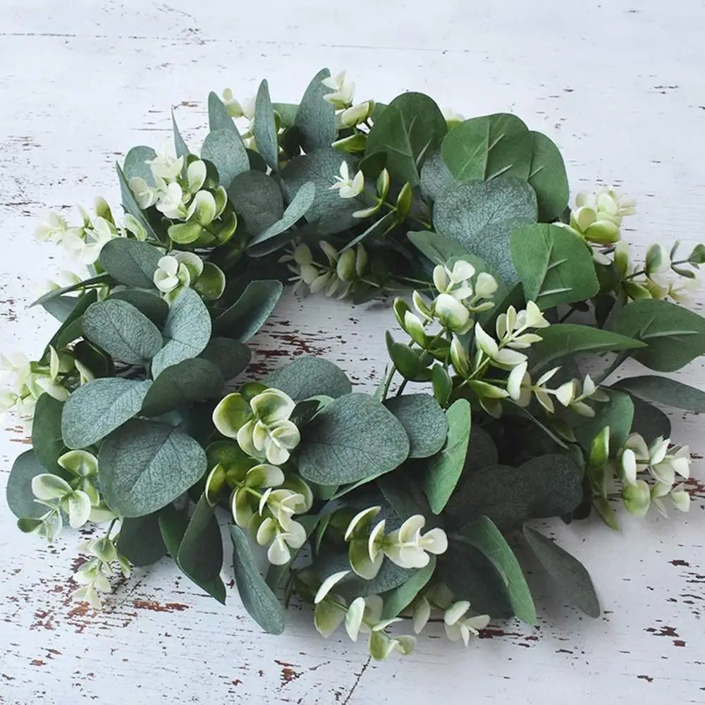 couronne fleurs artificielles vertes blanches feuilles naturel rustique extérieure intérieure décoration hiver automne 42cm
