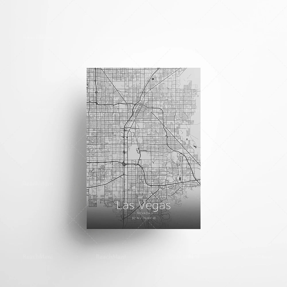 Affiche cartographique détaillée de la ville de Las Vegas, au Nevada, avec un quadrillage routier et un rendu monochrome épuré.