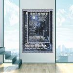 Une affiche touchante adressée à un neveu, l'encourageant à être un homme fort malgré les moments difficiles, avec des mots d'amour et de soutien de la part de sa tante.