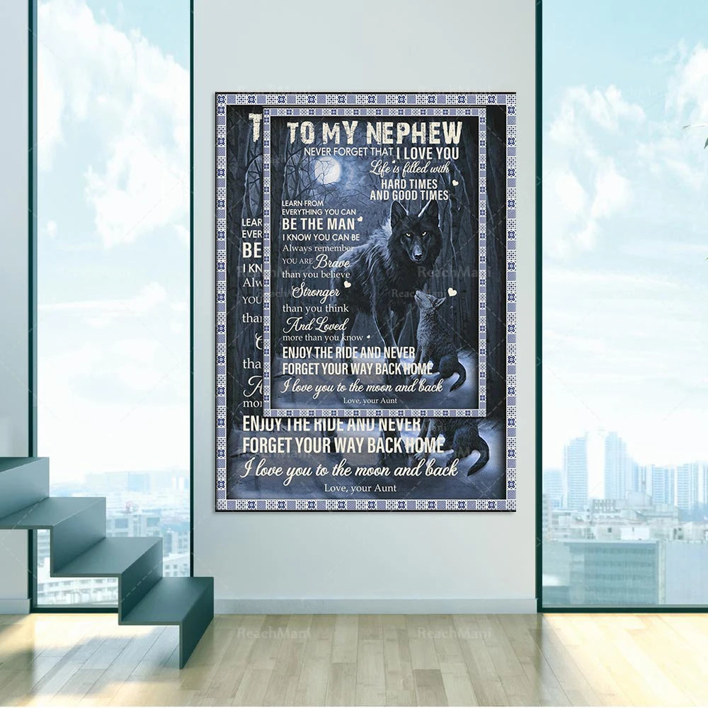 Une affiche touchante adressée à un neveu, l'encourageant à être un homme fort malgré les moments difficiles, avec des mots d'amour et de soutien de la part de sa tante.