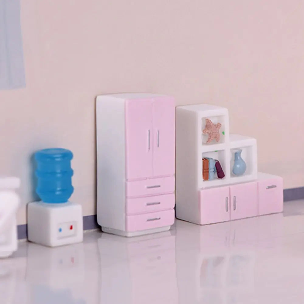 meubles miniatures poupées rose blanc modernes armoire frigo lave linge micro ondes téléviseur commode