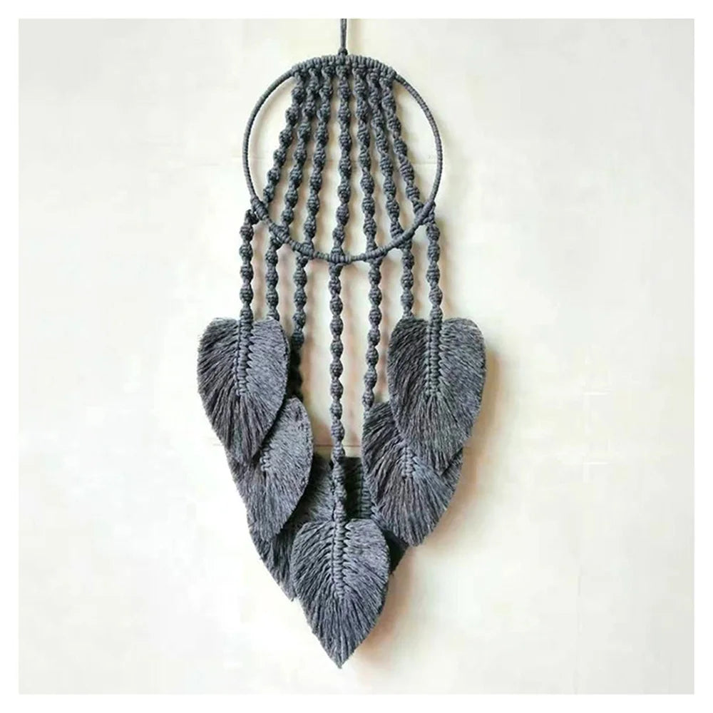décoration murale boho dreamcatcher gris plumes macramé artisanal decoration
