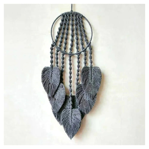 décoration murale boho dreamcatcher gris plumes macramé artisanal decoration