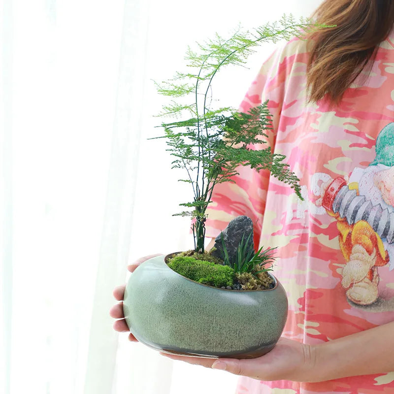 pot plante céramique glacé moderne minimaliste vert gris matériau poterie sans trou