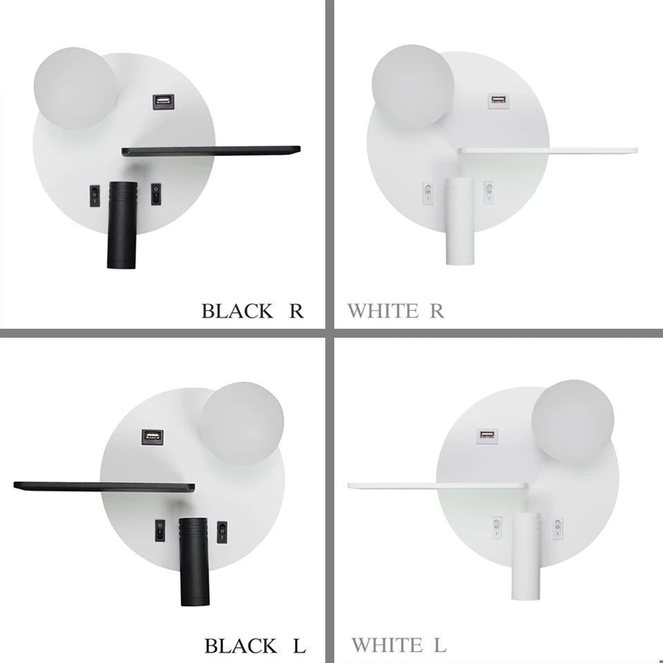 lampe murale moderne étagère usb blanc noir rose adjustable chambre salon