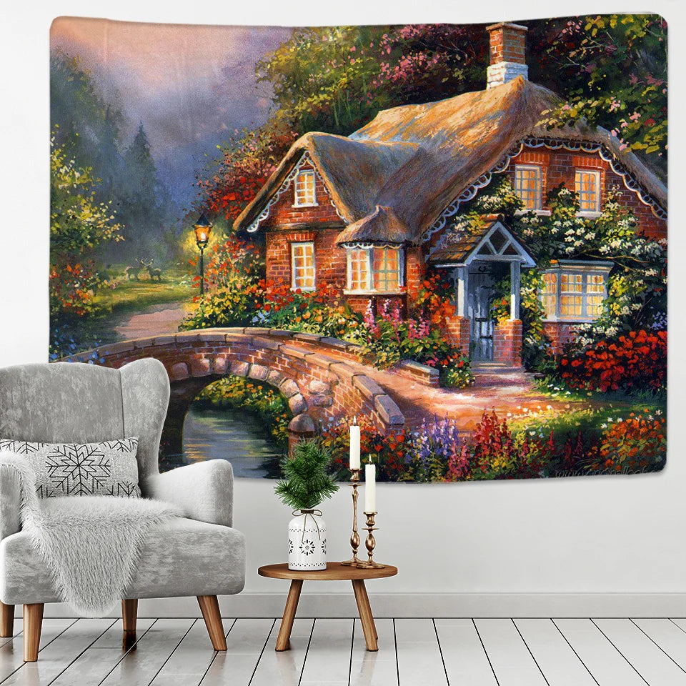 tapisserie murale imprimée paysage rural multicolore conte fées forêt décoration maison simple rectangle