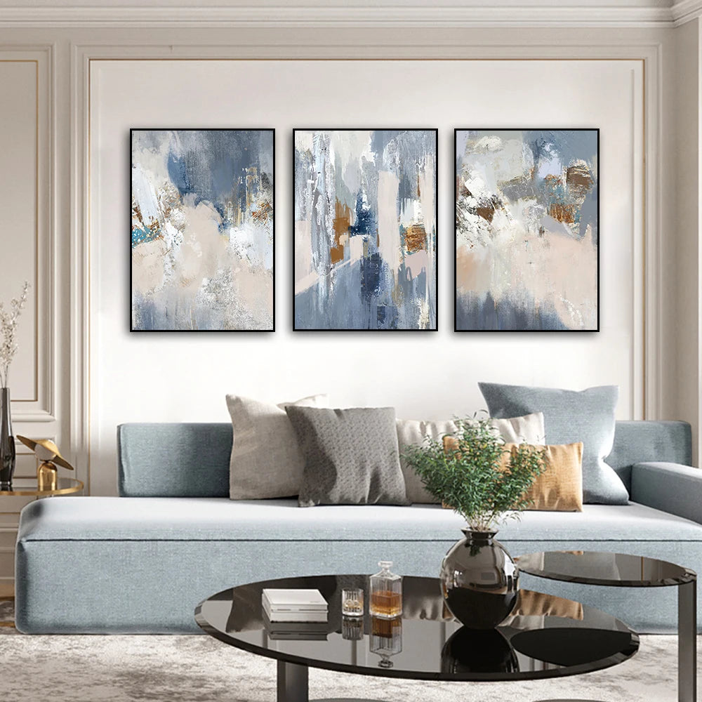 tableau abstrait contemporain bleu gris beige blanc marron peinture toile haut qualité décoration intérieure