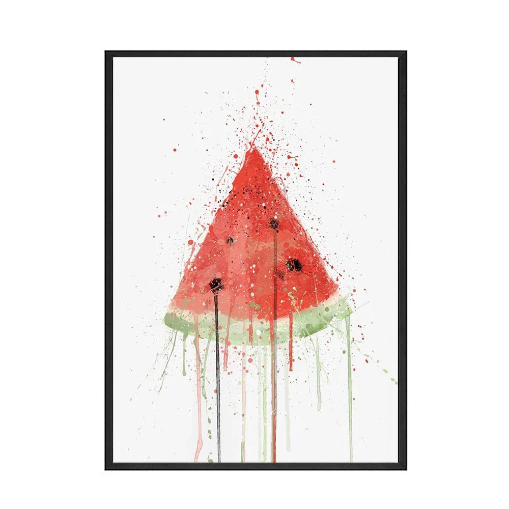 Une tranche de pastèque colorée et éclatante, avec des éclaboussures de couleurs vives qui s'étalent sur un fond blanc.