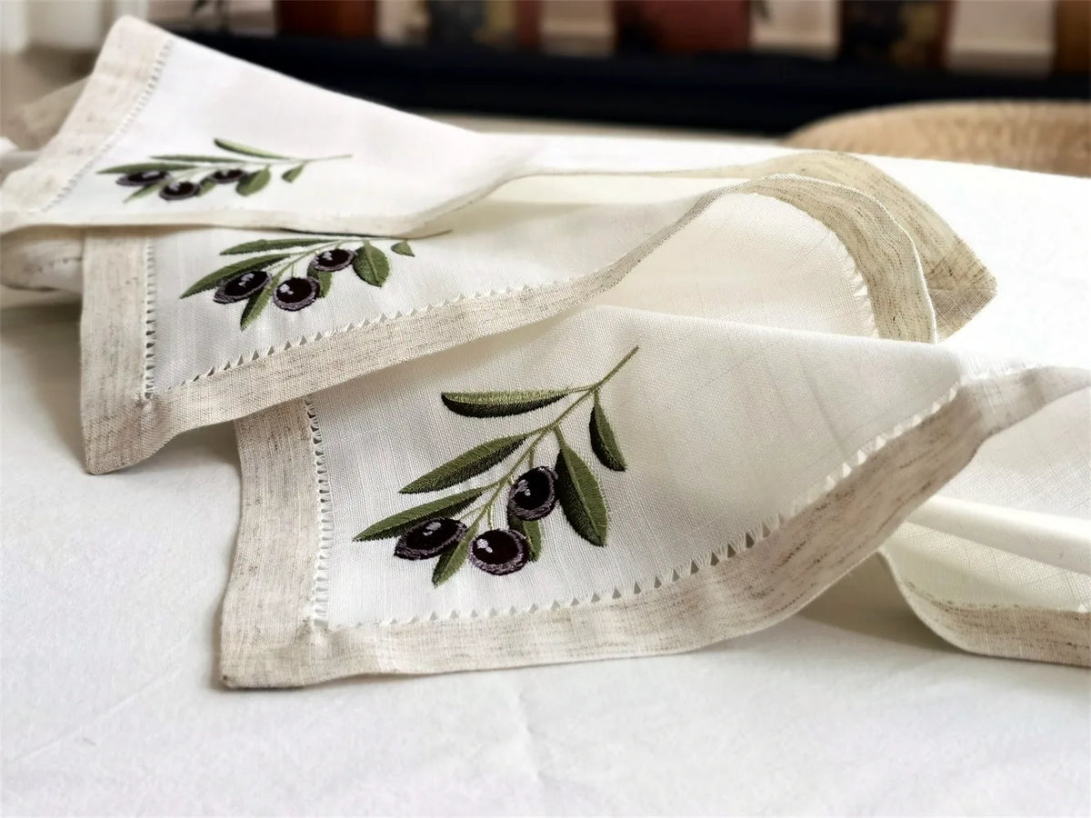 serviettes brodées olivier motifs festonnés rustique coton polyester table manger decoration cadeau