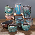 pots fleurs céramique glaçure abstraite bleu rose marron rustique plante verte artisanat