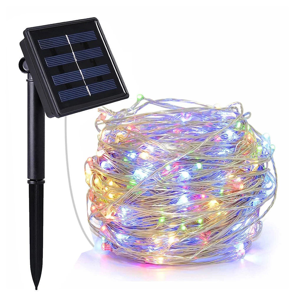 guirlande lumineuse solaire led jaune doré blanc multicolore féerique extérieure 30mètres 8modes scintillants imperméable