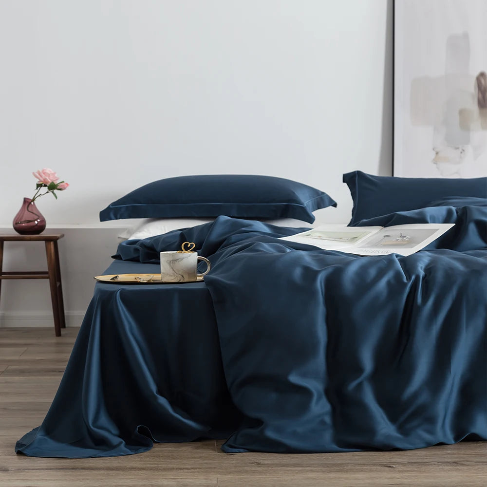 ensemble literie soie rose poudré drap housse taies oreillers minimaliste moderne élégant doux respirant