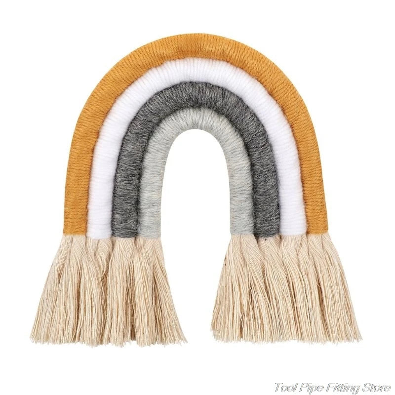 décoration murale arc ciel tissé franges boho chic marron beige bleu marine rose clair