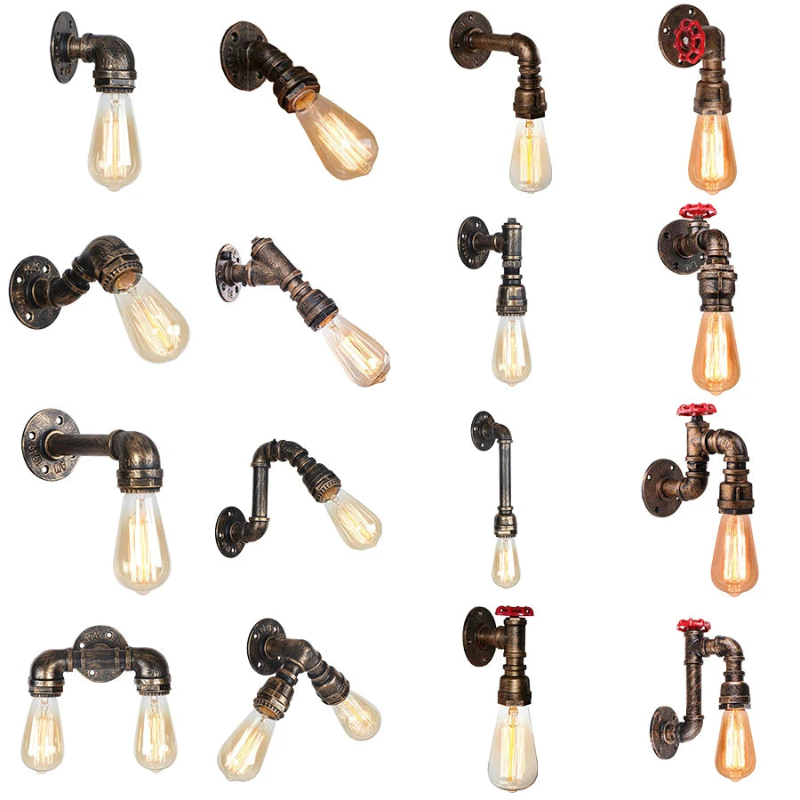 lampe murale industrielle vintage rétro tuyaux noir cuivre rouge fixations ampoules chambre cuisine