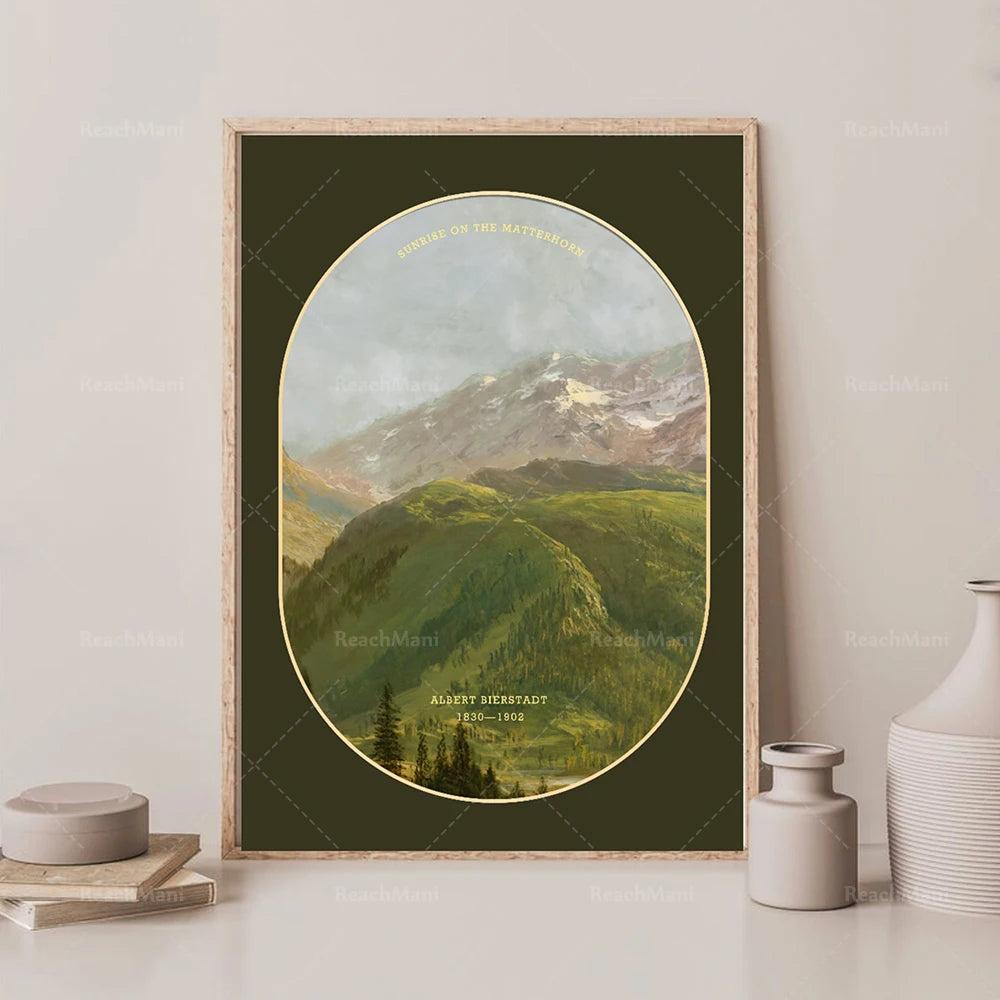 Magnifique paysage de montagnes enneigées avec un soleil levant, encadré dans un style vintage, créant une image poétique et évocatrice.