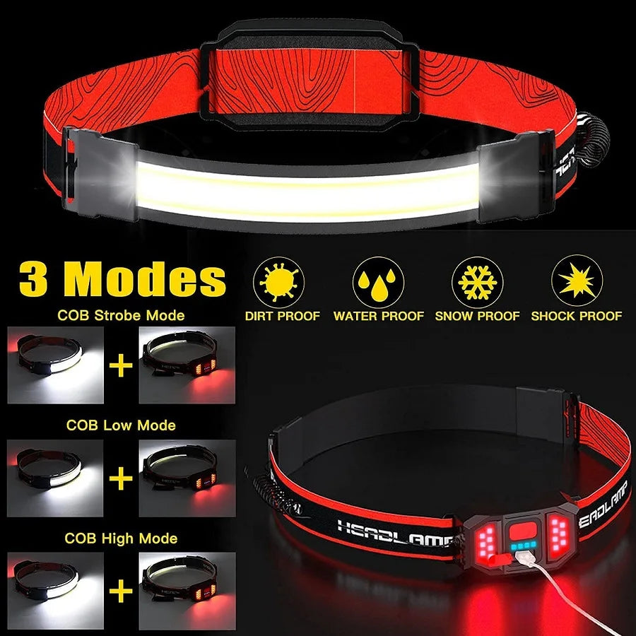 lampe frontale rechargeable rouge noir rayures diagonales moderne fonctionnelle ceinture élastique batterie intégrée contrôle