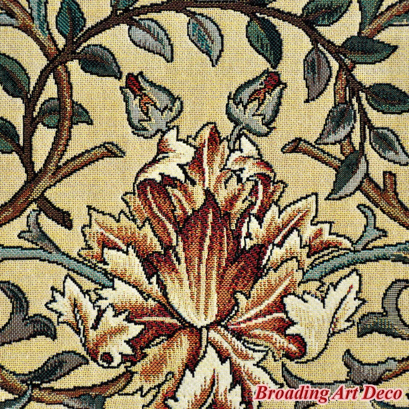 tapisserie murale coton art nouveau floral arbres feuillage oiseau bleu foncé vert beige
