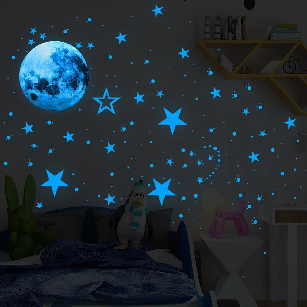 sticker mural lumineux lune étoiles points bleu vert adhésif décoration moderne chambre enfant