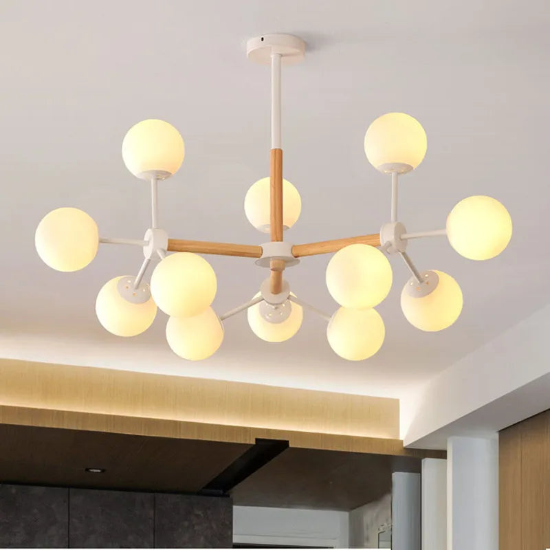 Suspension lumineuse moderne bois boules translucides LED blanc fixations passe câbles blanc