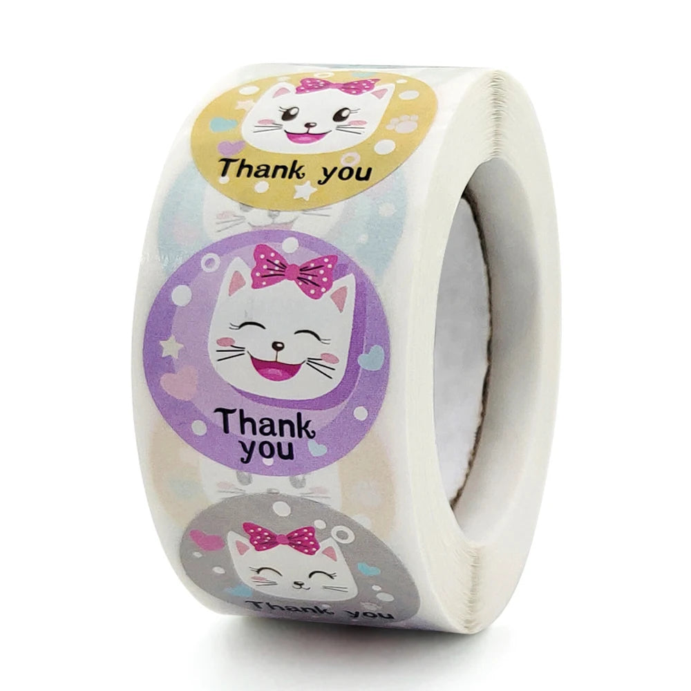 autocollants kawaii chats souriants arc ciel thank you coeurs étoiles adhésifs opaques blanc rose
