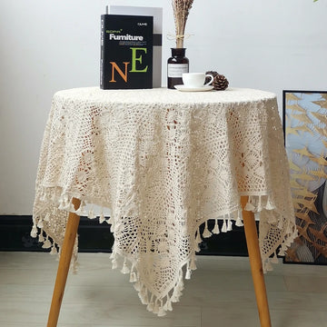 serviette table coton fleur boho chic beige clair crochetée tassellets 100x100cm 130x130cm 150x150cm mariage