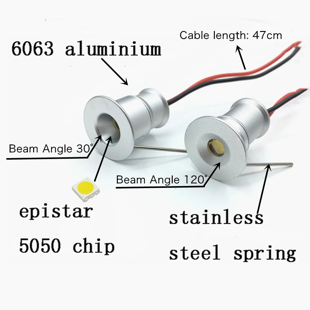 Spot LED argenté moderne 1W 12V 3V IP65 30° 120° câble 47cm