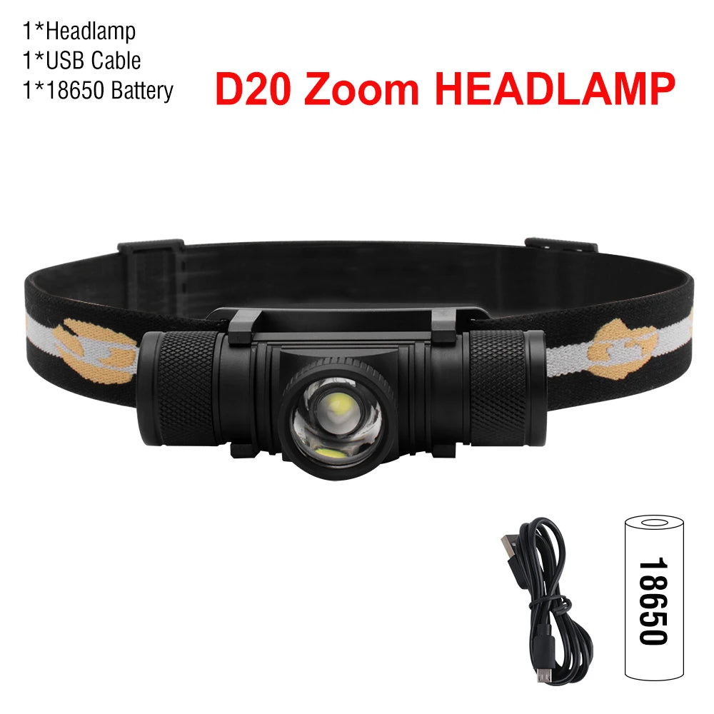 lampe frontale rechargeable camping chasse étanche 10w led noir jaune adjustable