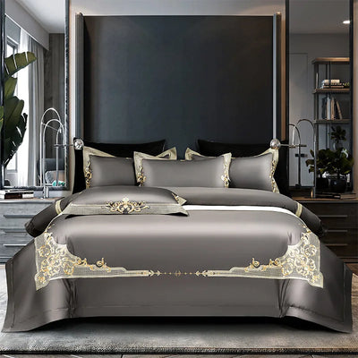 Parure de lit coton egyptien 1000TC broderie chic gris