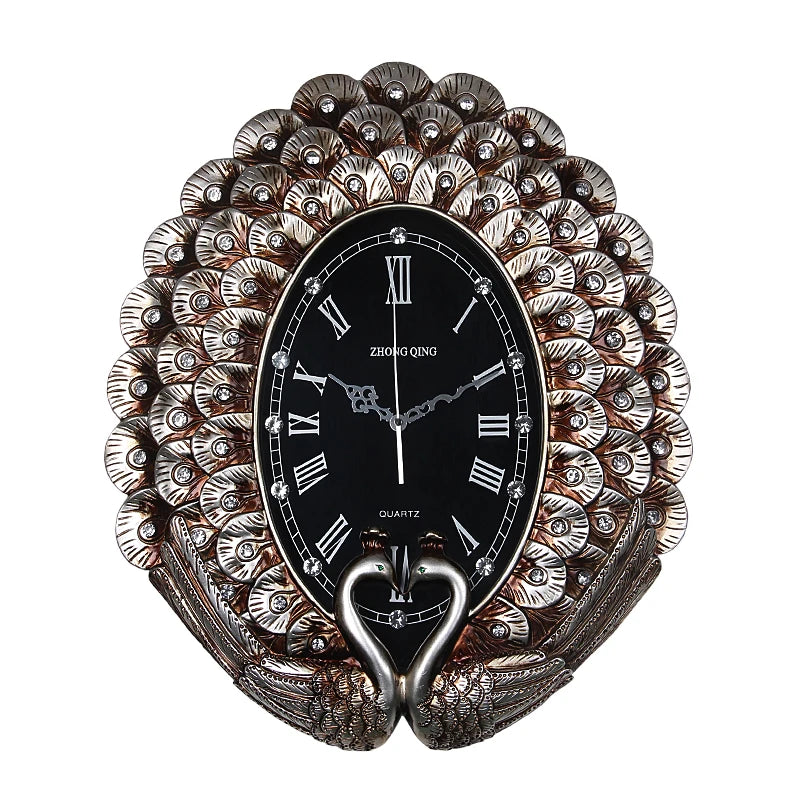 horloge murale art déco plumes paon strass solaire résine noir argenté unique