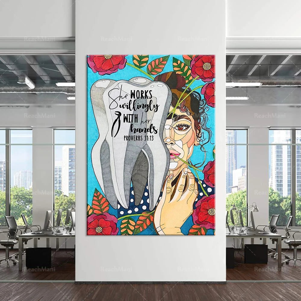 Une affiche colorée avec une illustration représentant une femme aux cheveux bouclés qui travaille avec ses mains, accompagnée d'un texte biblique en anglais.
