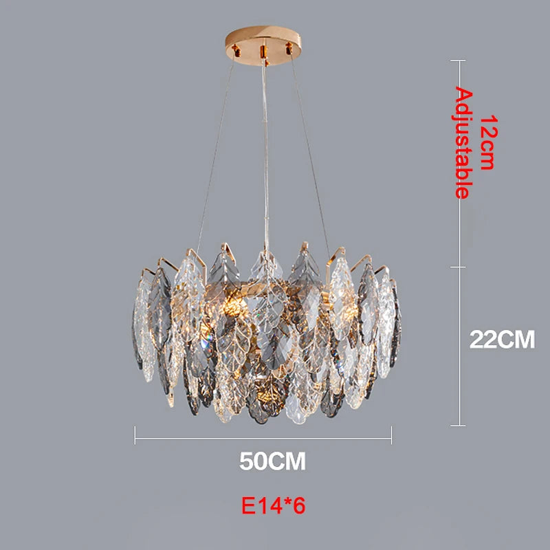 chandelier moderne luxueux transparent feuilles stylisées câbles métalliques doré argenté