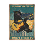 Une illustration graphique d'un chat noir jouant de la guitare avec un texte indiquant "La vie sans guitare, je ne pense pas".