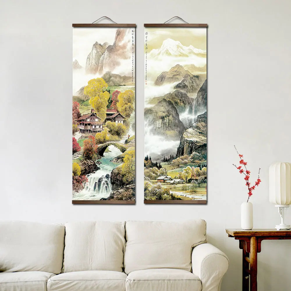 tableau mural paysage montagneux peinture traditionnelle chinoise clips cadre bois multicolore vertical decoration maison