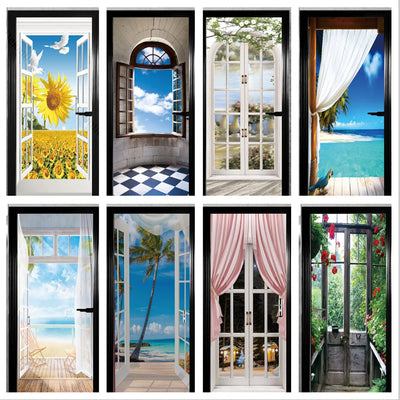 Sticker porte trompe l'oeil paysage saisons cabine téléphonique rouge